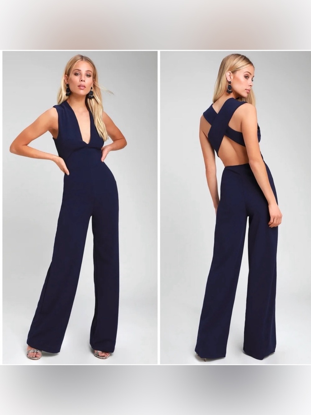 Lulu's Navy Blue Deep-V Jumpsuit